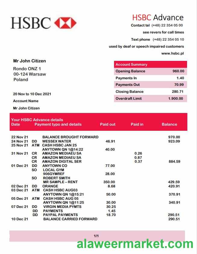 Poland HSBC bank statement